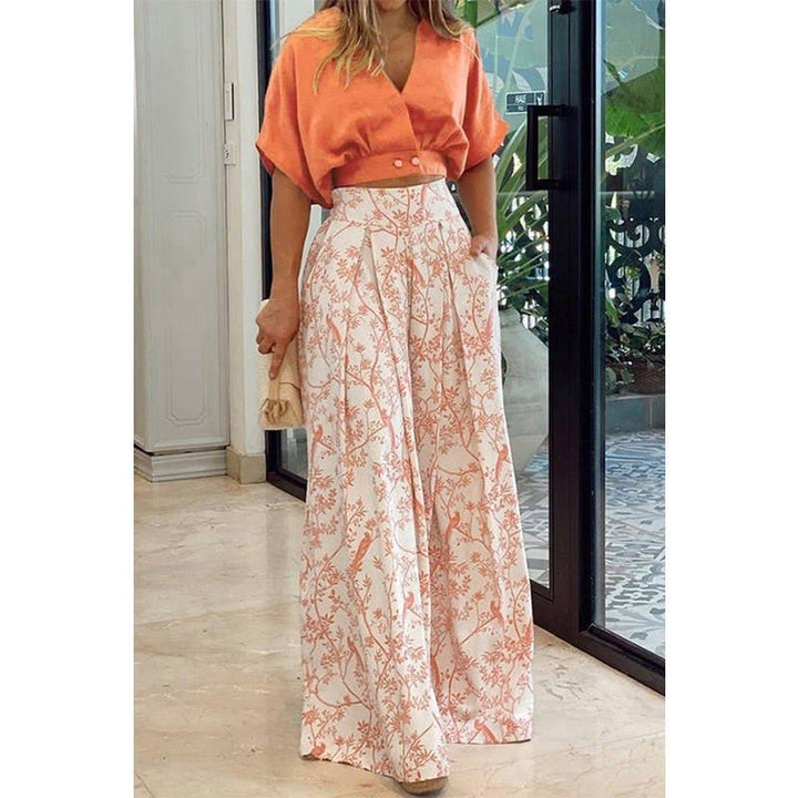 V-neck Short Shirt with Wide-Leg Pants Set