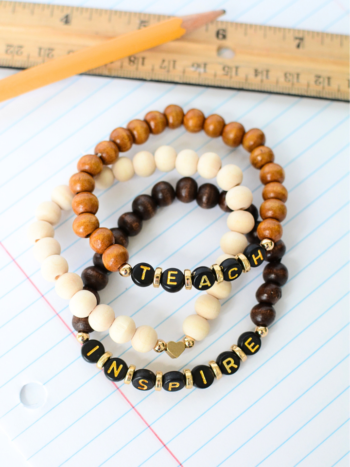 Teach Inspire WOOD bead stretch bracelet heart charm stack