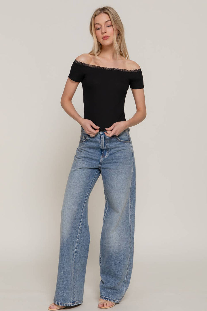 Short Sleeve Off The Shoulder with Lace Trim Knit Top