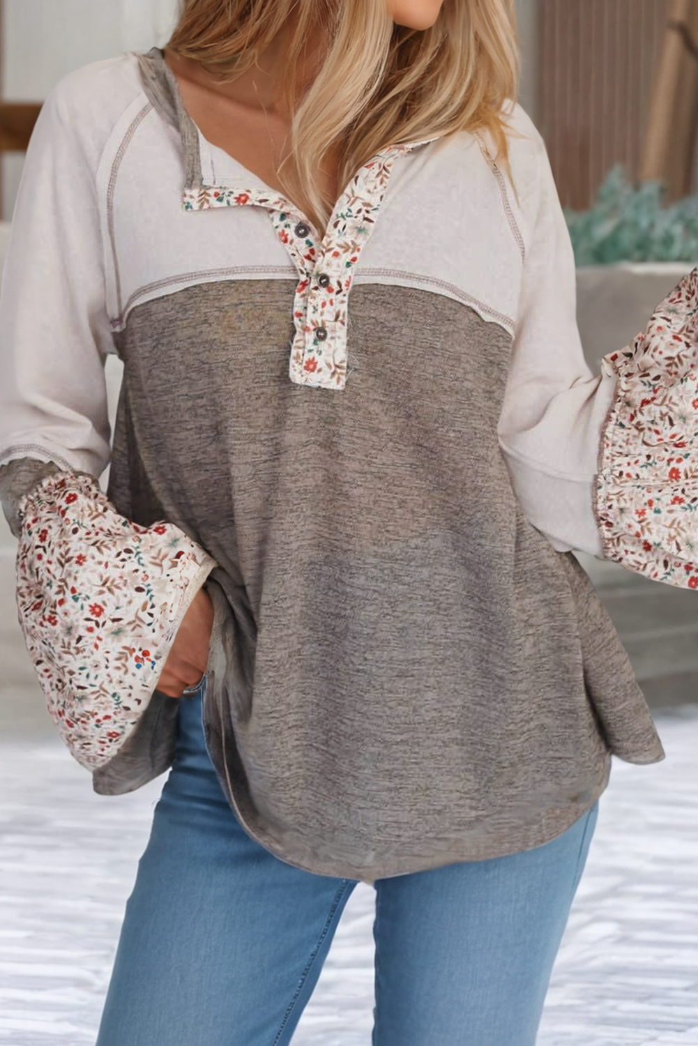 Colorblock Floral Patchwork Flared Sleeve Top