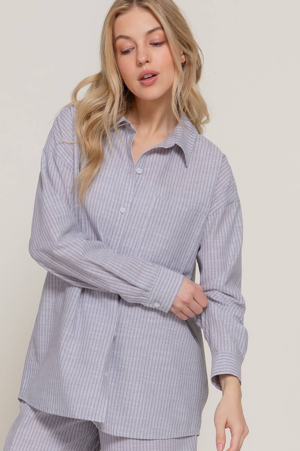 Long Sleeve Button Down Y/D Stripe Gauze Shirt