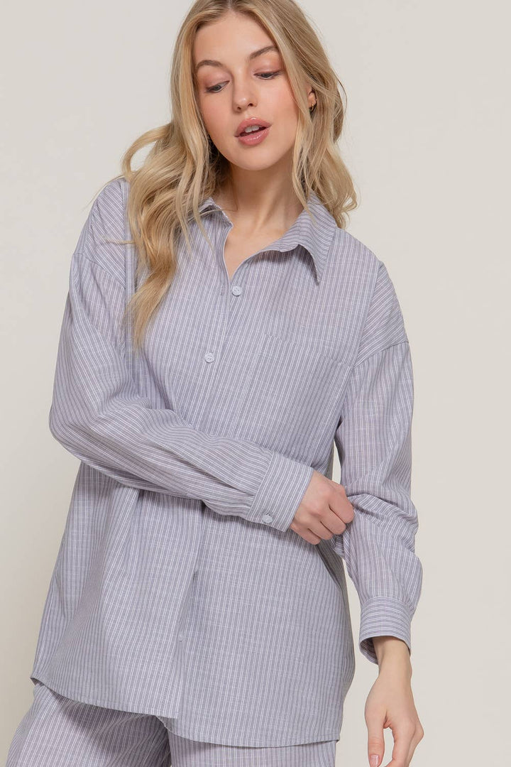 Long Sleeve Button Down Y/D Stripe Gauze Shirt