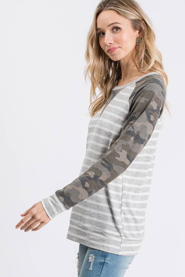 Stripe Camo Print Raglan Top