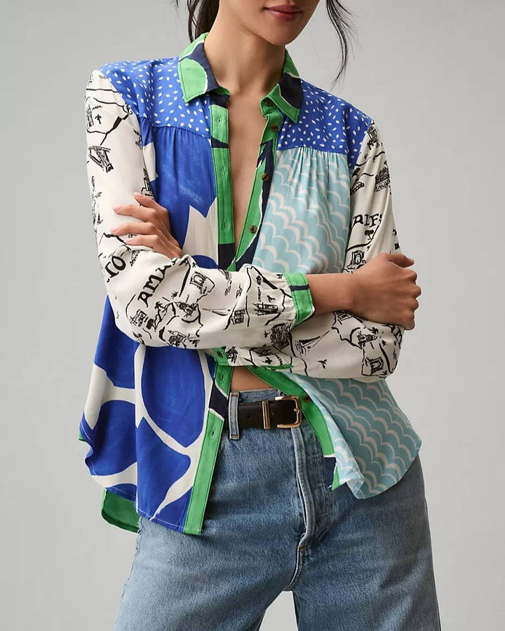 Patchwork Floral & Animal Print Button-Down Shirt
