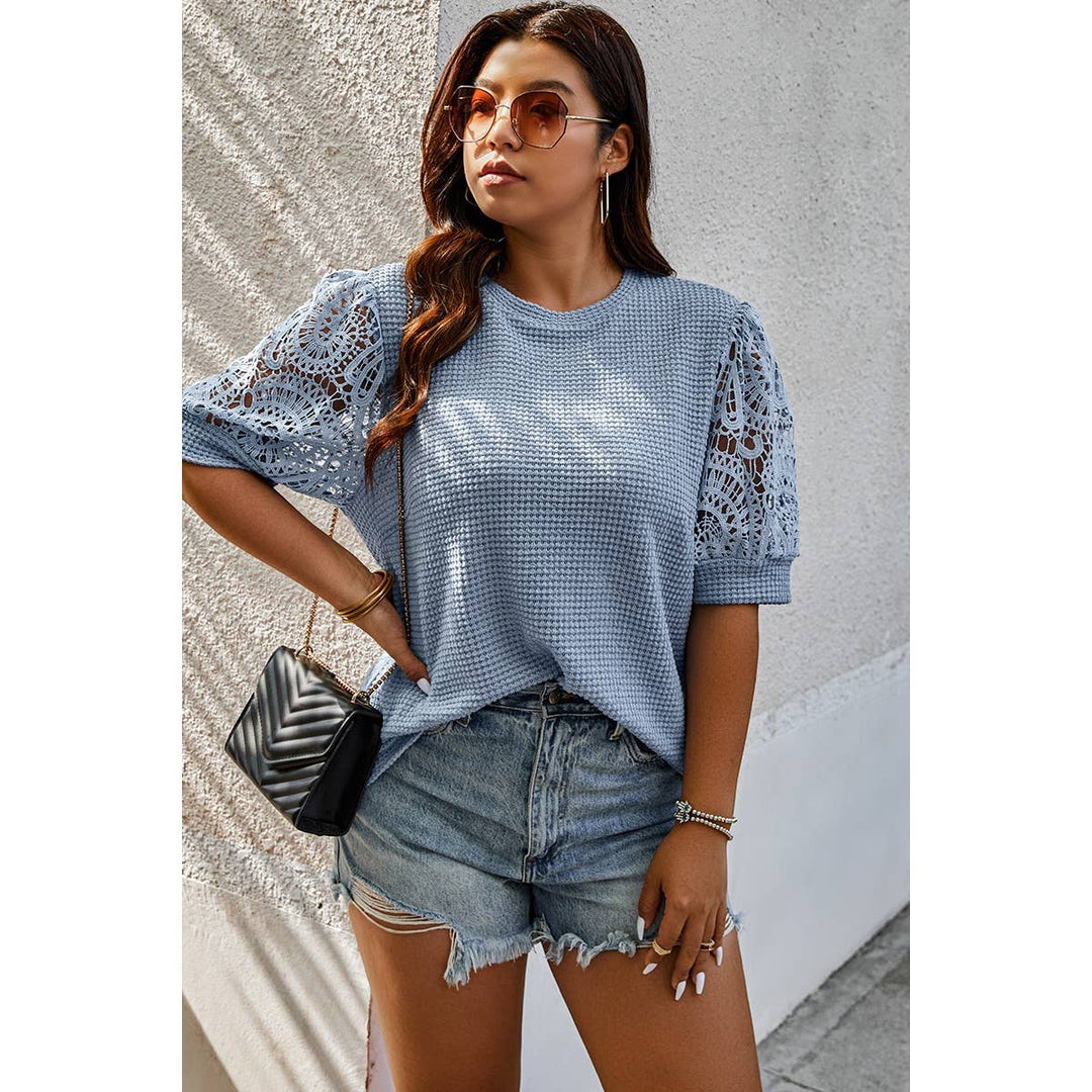 Plus Size Knit Color Block Lace Solid Fit Shirt
