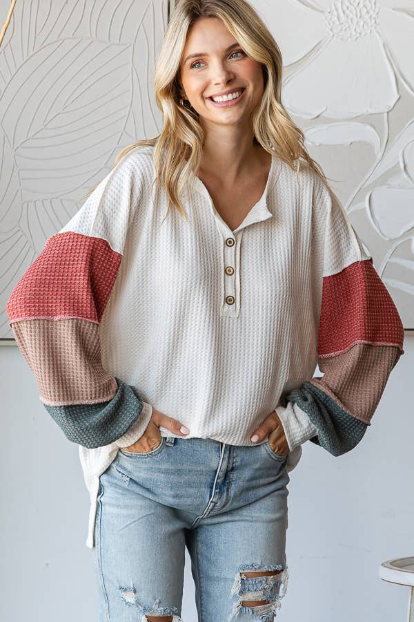 Waffle Knit Button Front Top