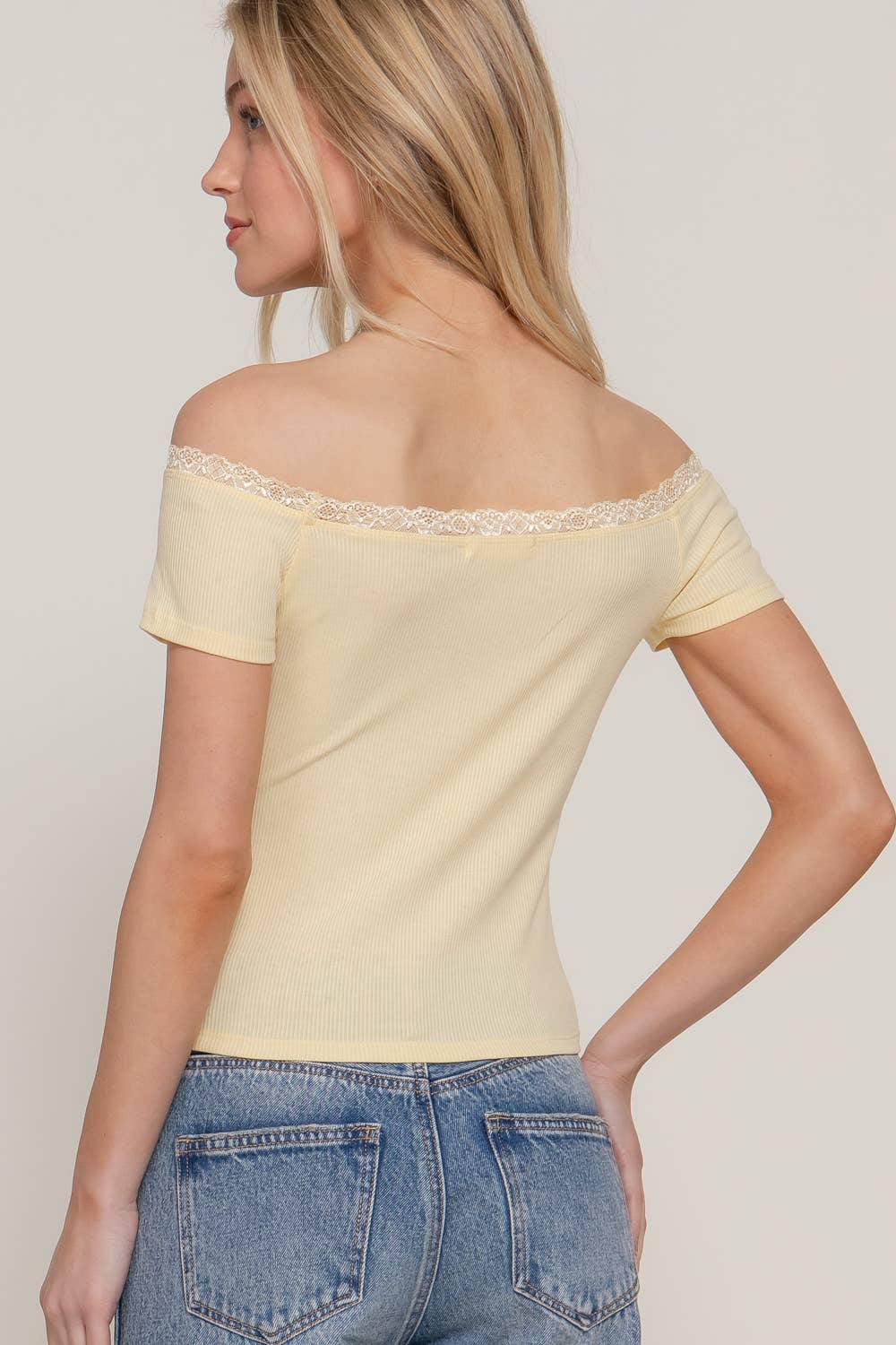 Short Sleeve Off The Shoulder with Lace Trim Knit Top