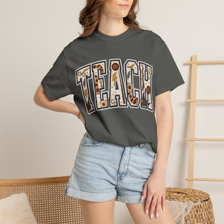 Teach Graphic T-Shirt — School-Themed Teacher Tee with Chalkboard Doodle Letters