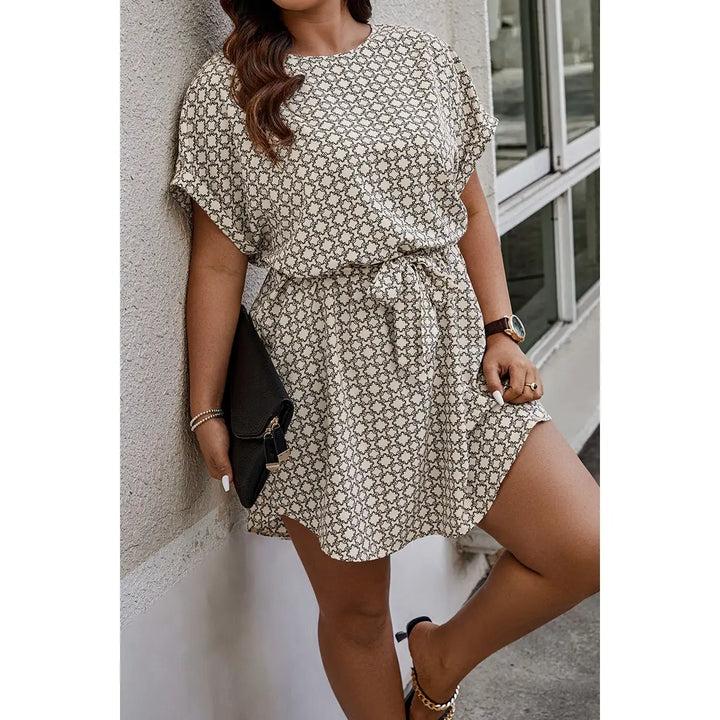 Plus Round Neck Printed Batwing Sleeve Loose Dress