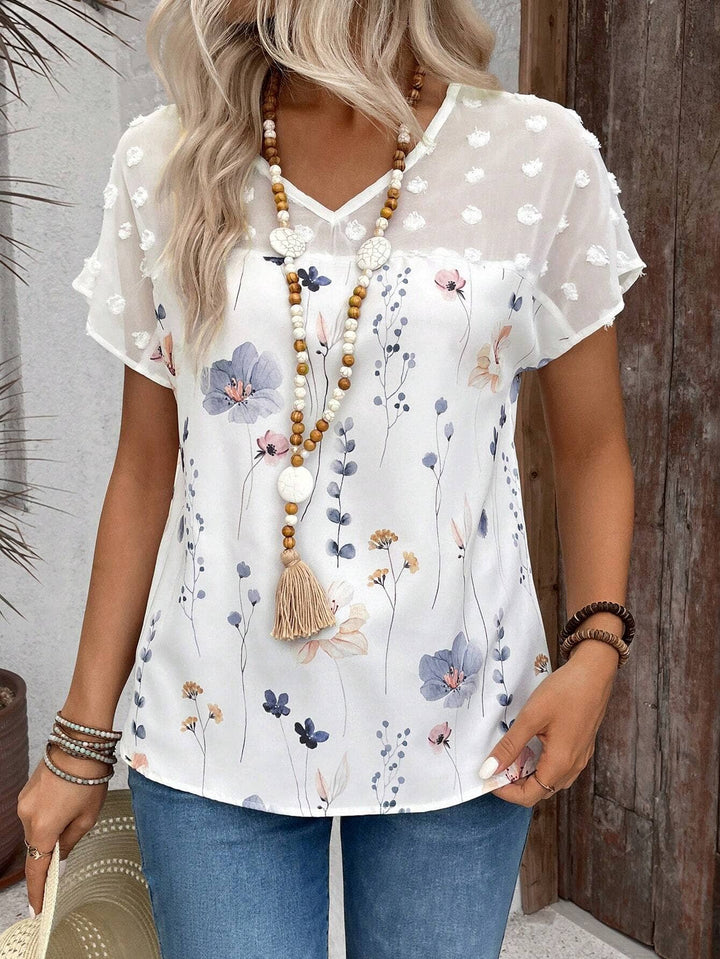 V-NECK PRINTED LACE PATCHWORK TOP