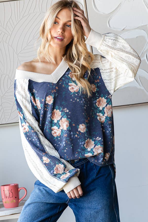 Floral V-Neck Knit Top with Lace Contrast