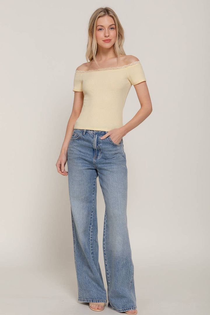 Short Sleeve Off The Shoulder with Lace Trim Knit Top