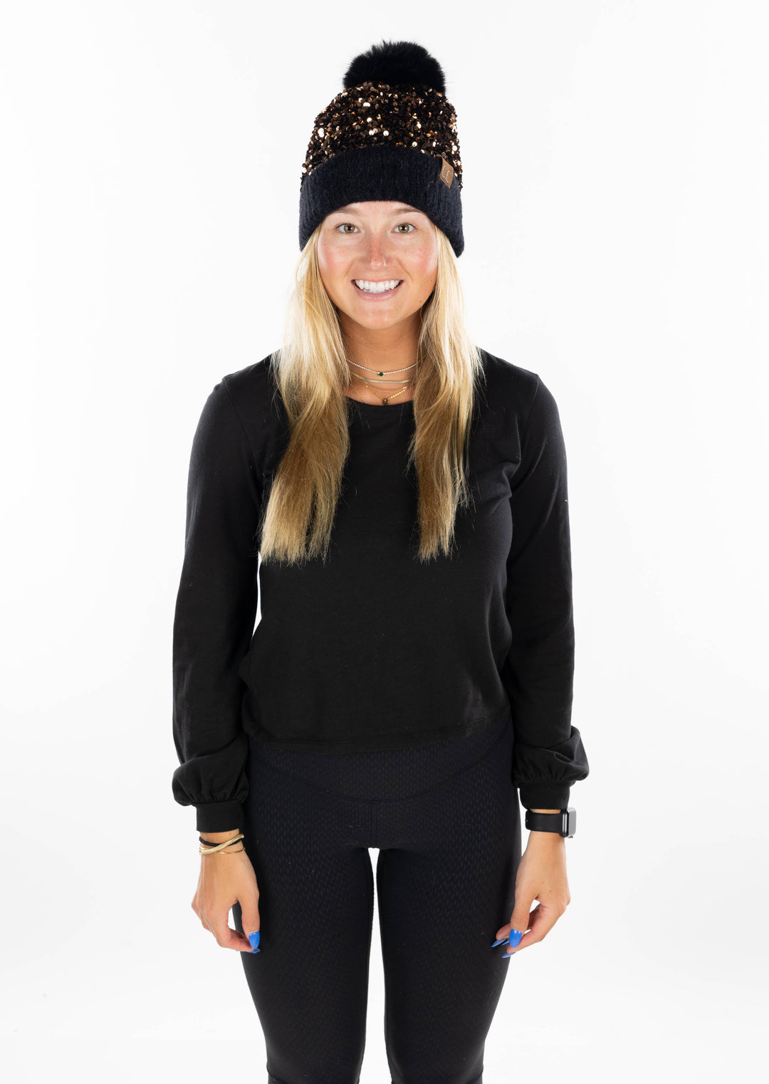Sequin Pom Beanie Black/Gold