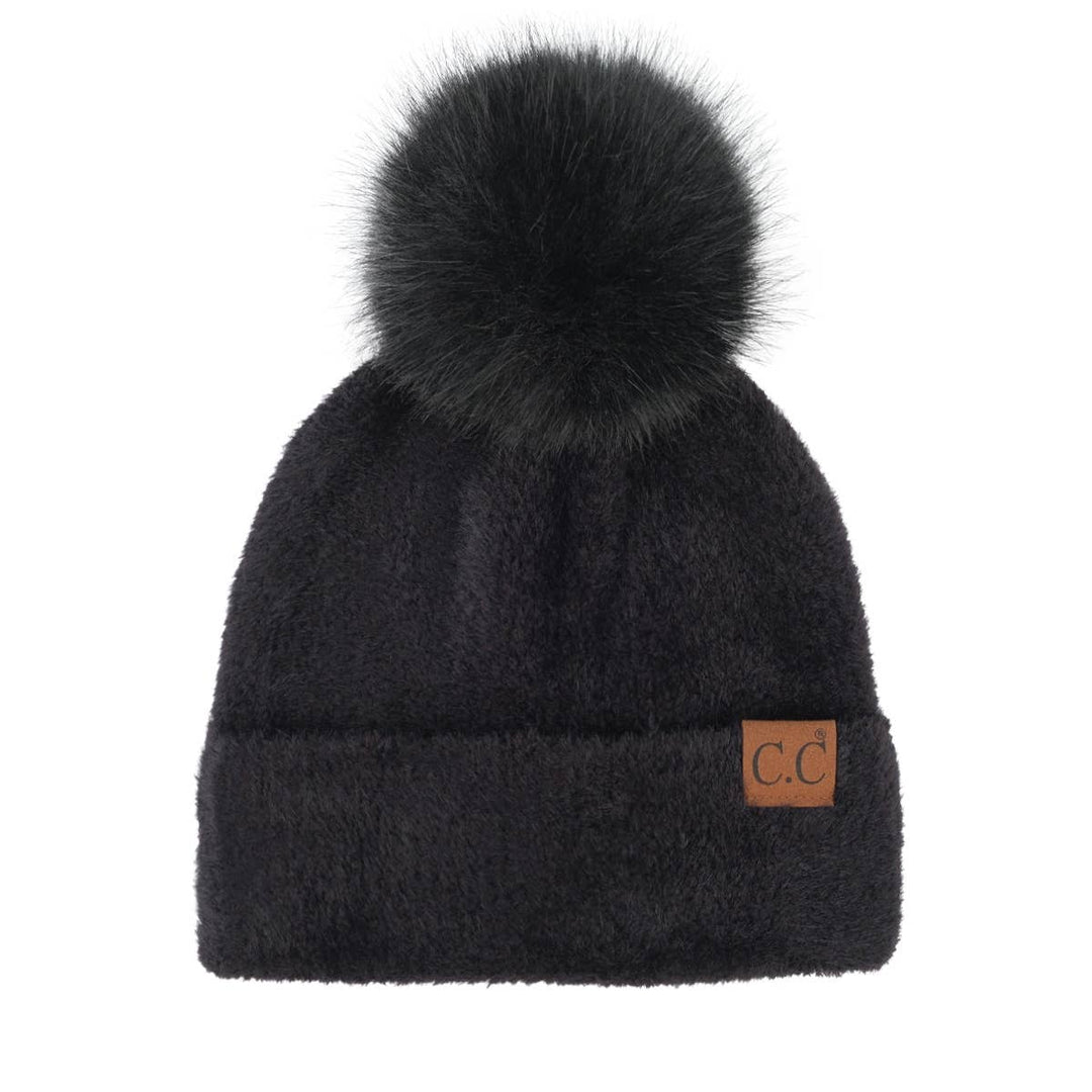 Chenille Pom Beanie - Black
