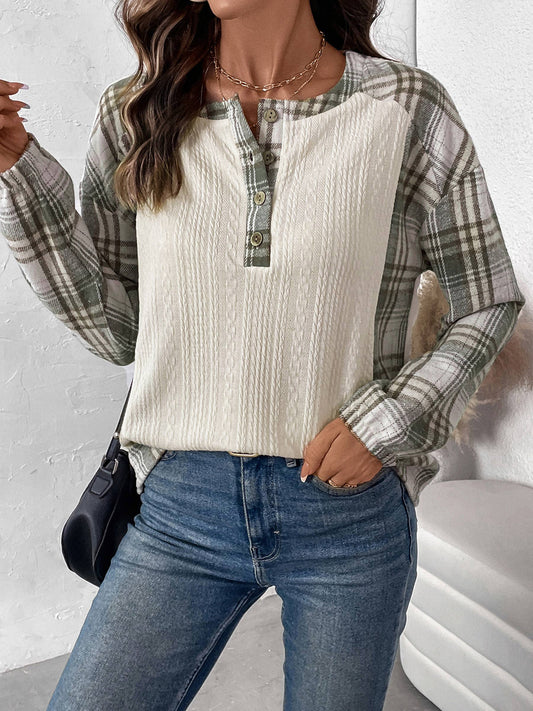 Checkered Patchwork Long Sleeved Top