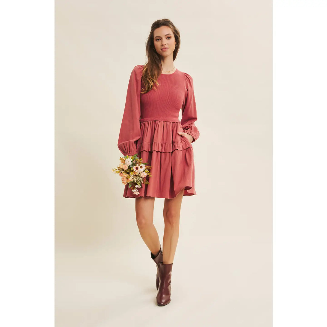 Twofer Sweater Mini Dress with Balloon Sleeves