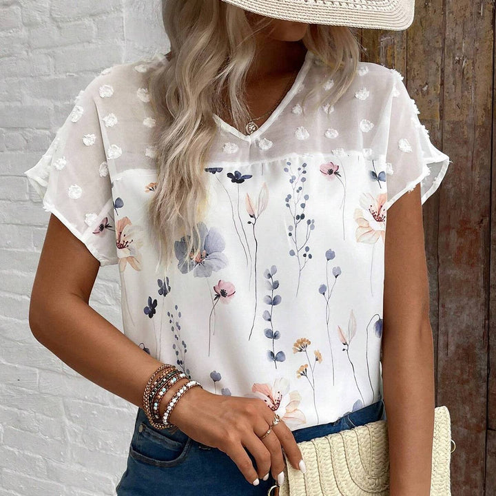 V-NECK PRINTED LACE PATCHWORK TOP