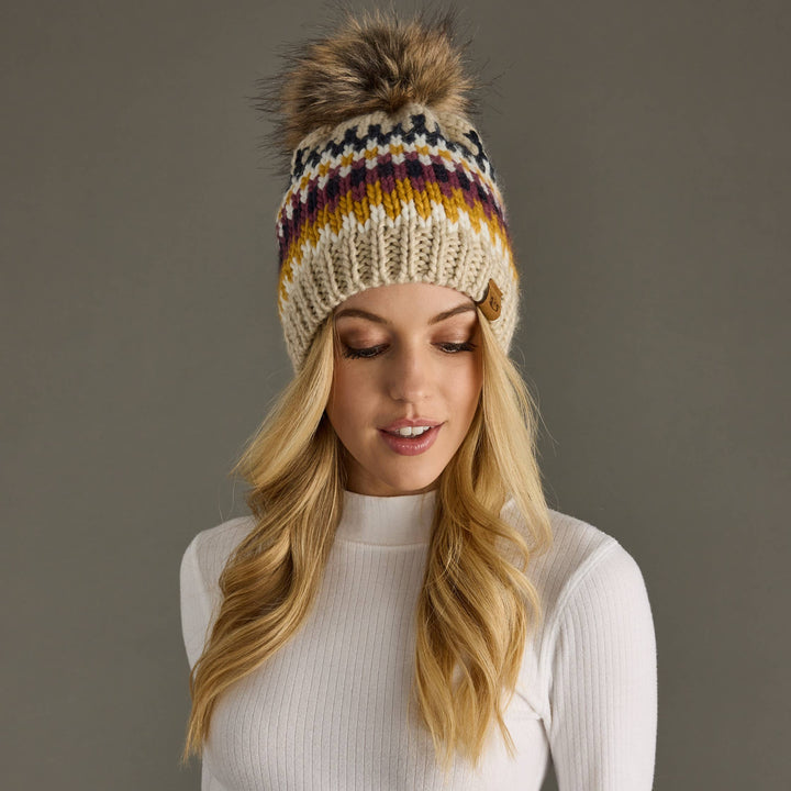 Beige, Navy & Mustard  Pom Hat