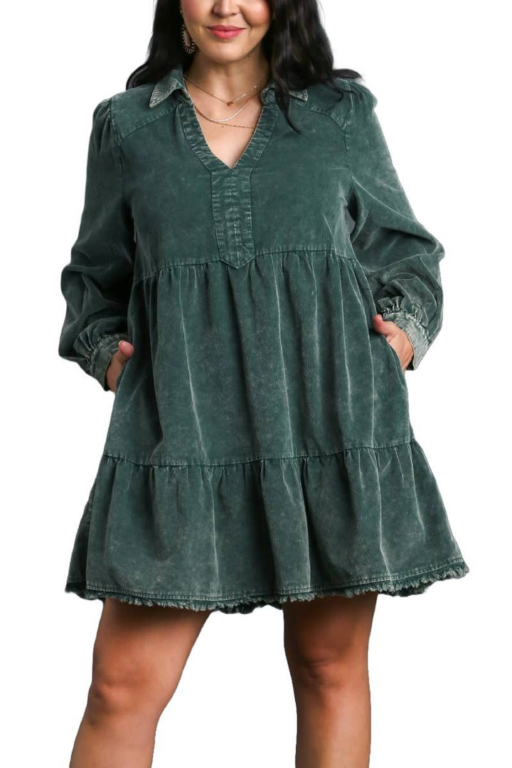 Mineral Wash Corduroy Tiered Dress