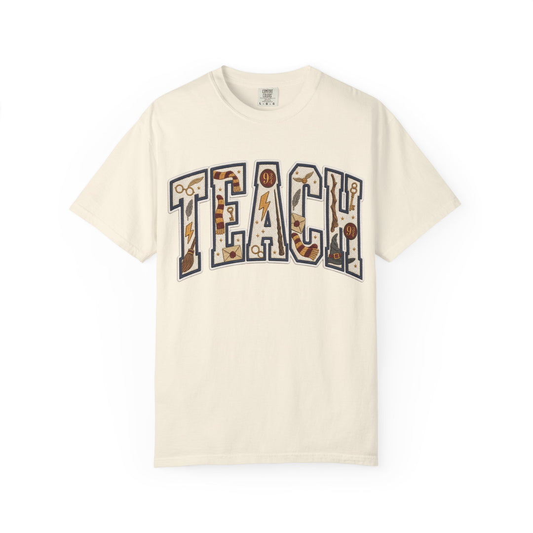 Teach Graphic T-Shirt — School-Themed Teacher Tee with Chalkboard Doodle Letters