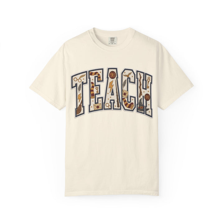 Teach Graphic T-Shirt — School-Themed Teacher Tee with Chalkboard Doodle Letters