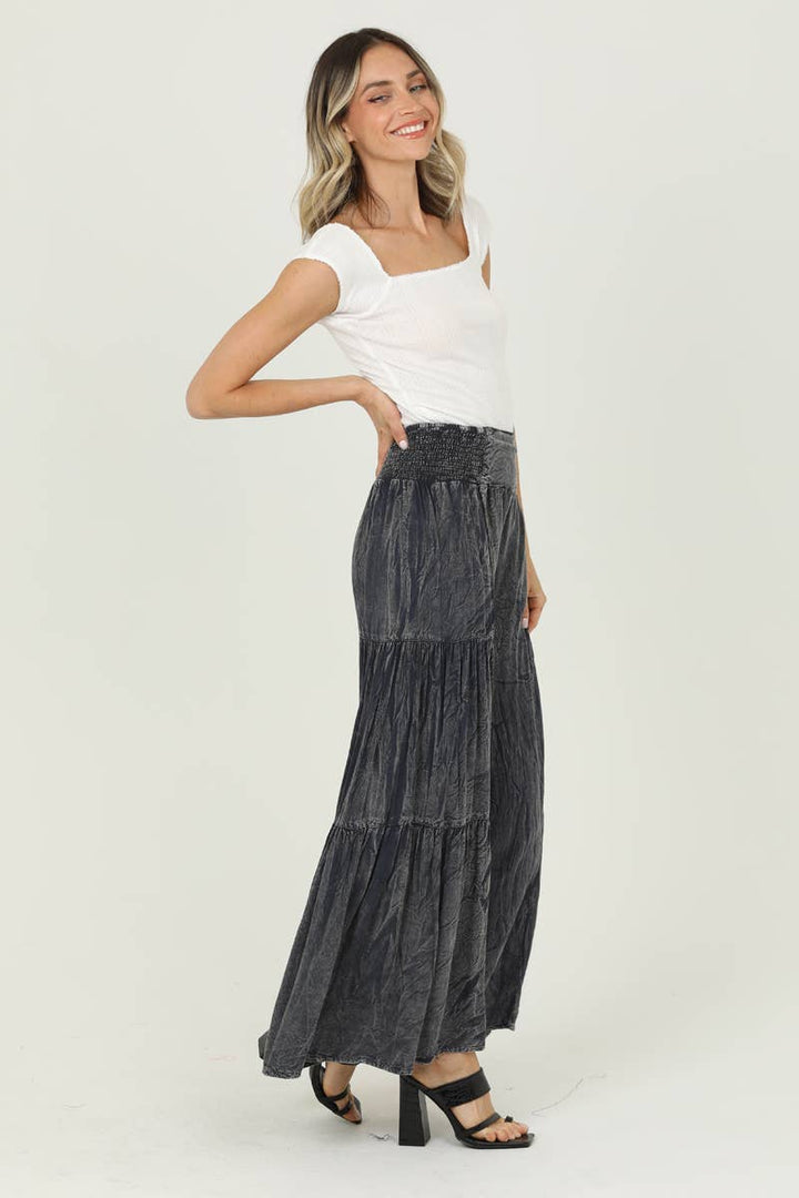 ACID WASH TIERED WIDE LEG PANTS