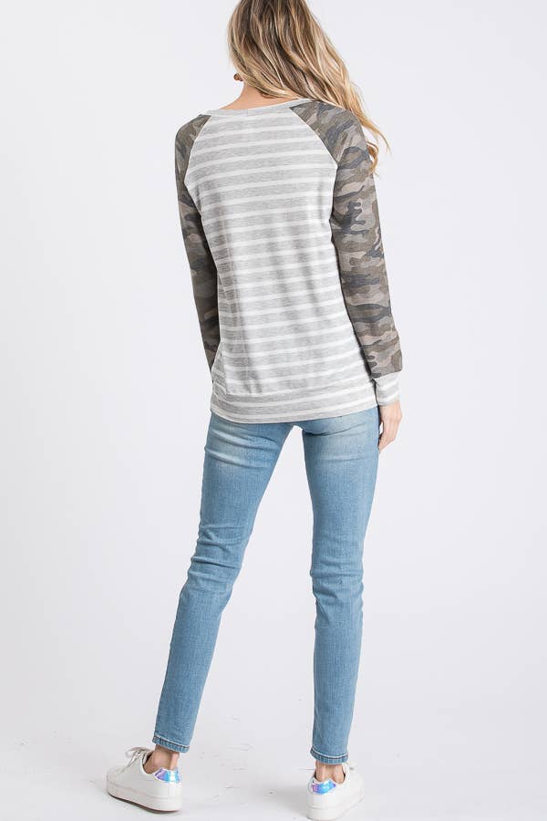 Stripe Camo Print Raglan Top