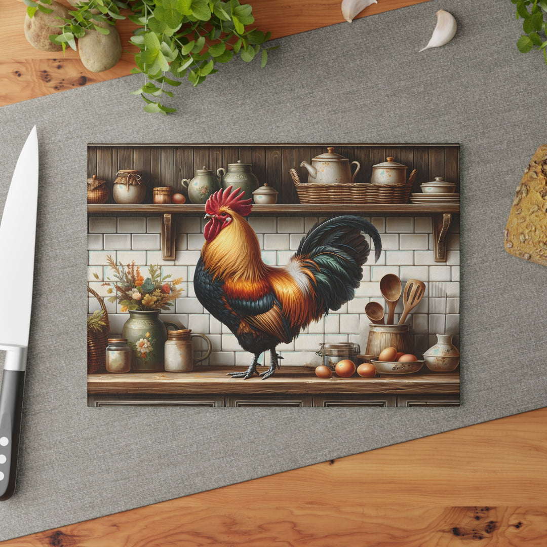 Rooster Kitchen Glass Cutting Board – Rustic Farmhouse Countertop Decor
