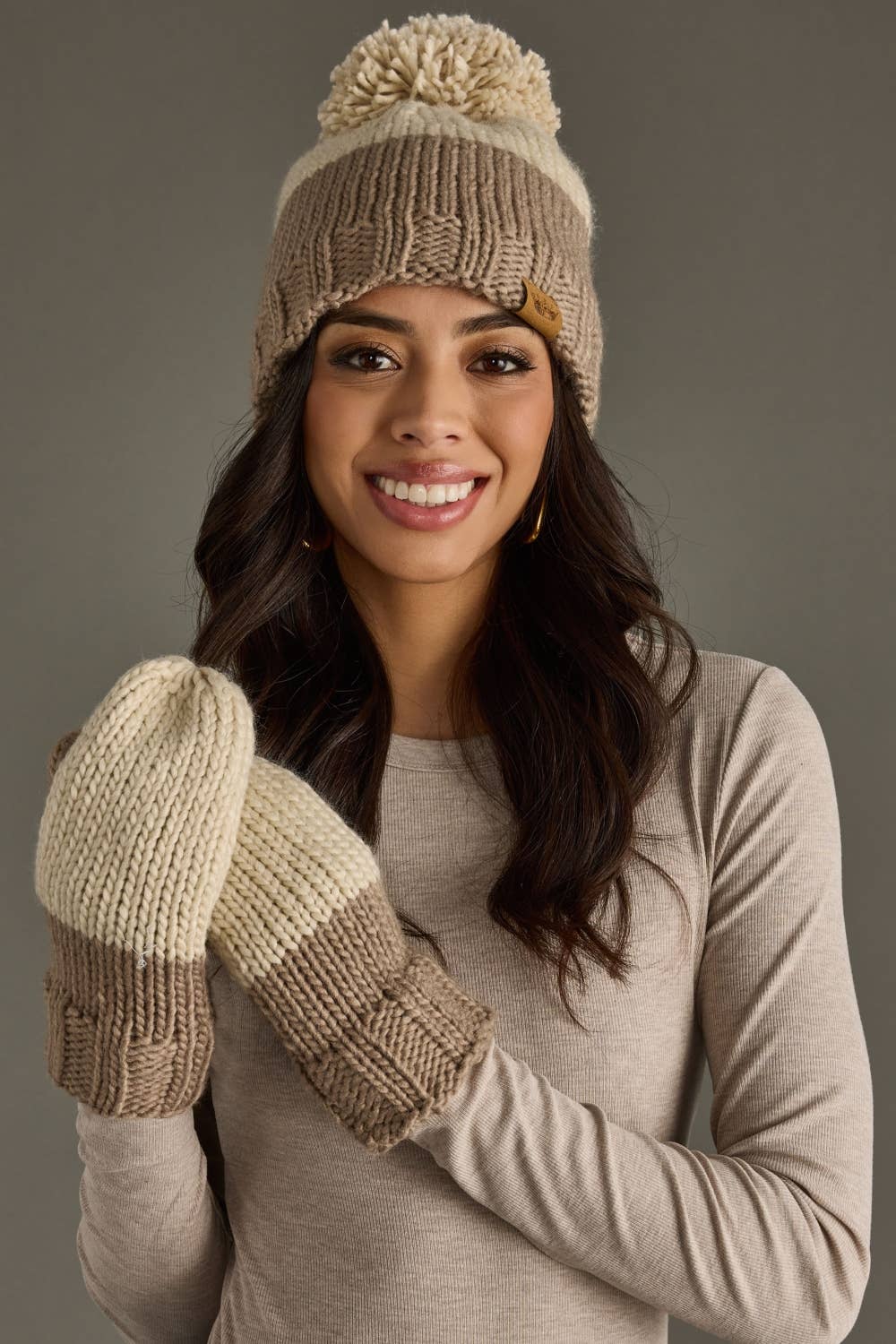 Beige & Taupe Color Block Pom Hat – Look What KD Did!