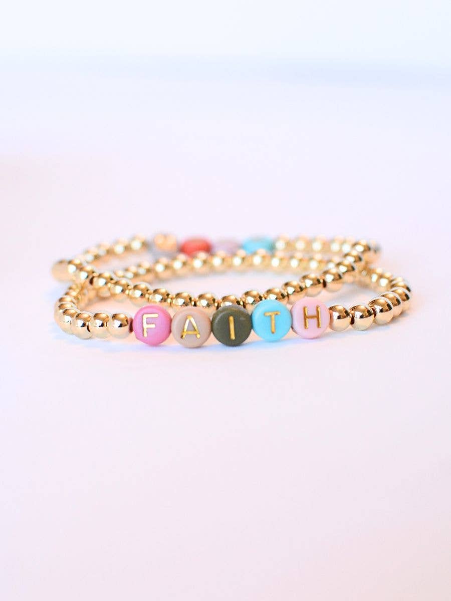 Gold beaded FAITH multi colored stretch scripture bracelet