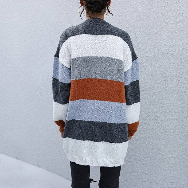 Long Striped Open Front Cardigan