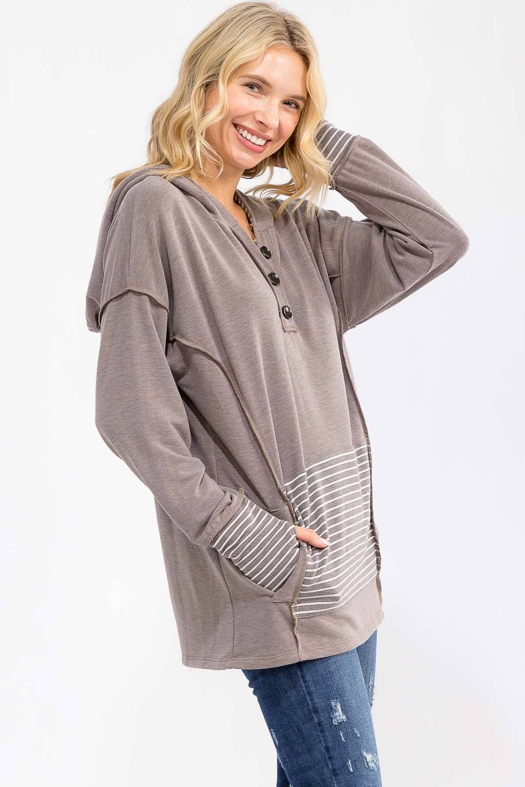 Stripe Contrast Button Hoodie