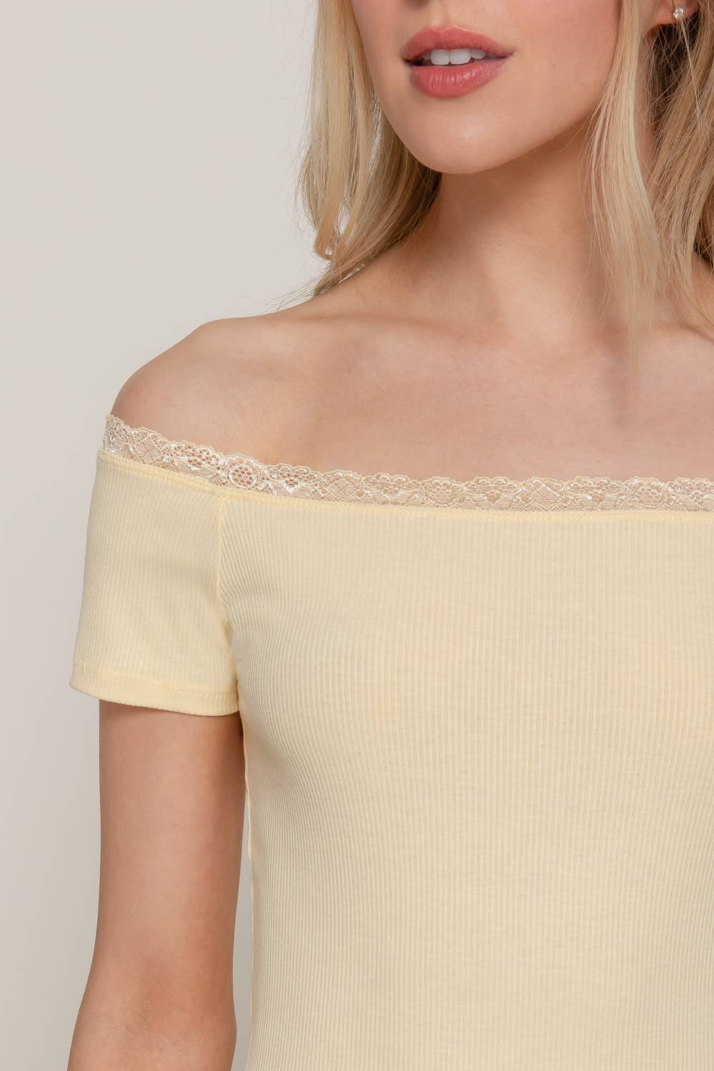 Short Sleeve Off The Shoulder with Lace Trim Knit Top