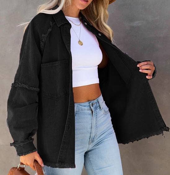 Washed Raw Midi Loose Denim Jacket
