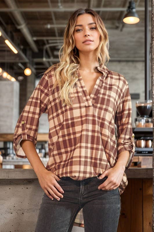 Button Sleeve Plaid Top
