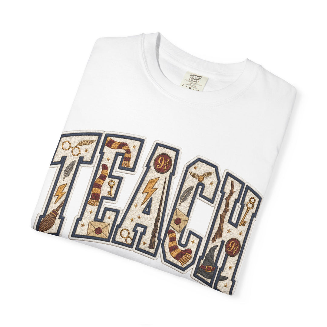 Teach Graphic T-Shirt — School-Themed Teacher Tee with Chalkboard Doodle Letters