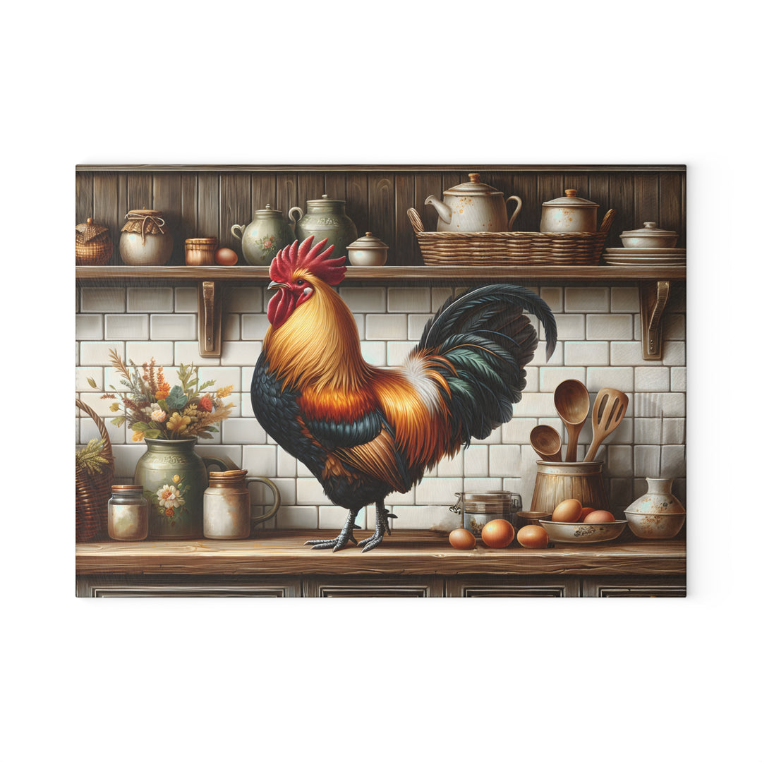 Rooster Kitchen Glass Cutting Board – Rustic Farmhouse Countertop Decor