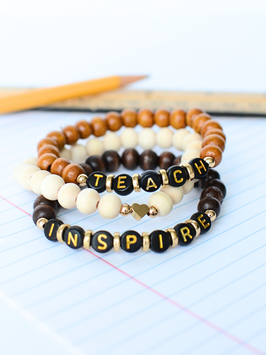 Teach Inspire WOOD bead stretch bracelet heart charm stack