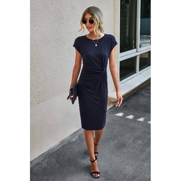Solid Crewneck Short Sleeve Midi Dress