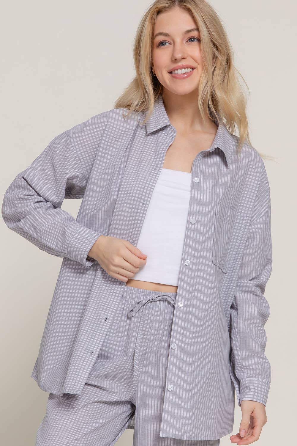 Long Sleeve Button Down Y/D Stripe Gauze Shirt