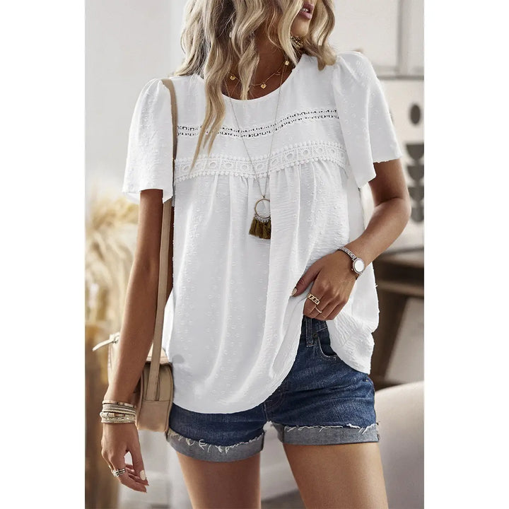 Loose Fit Dot Solid Lace Round Neck Top