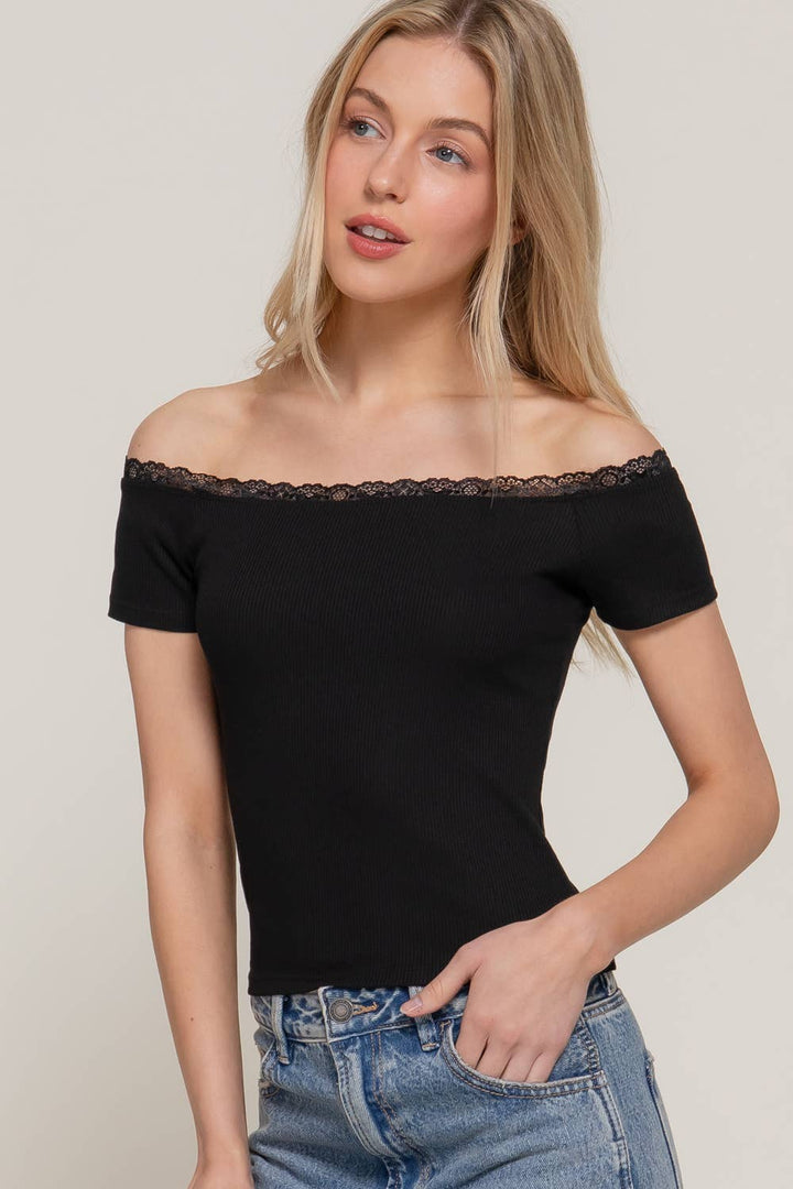 Short Sleeve Off The Shoulder with Lace Trim Knit Top