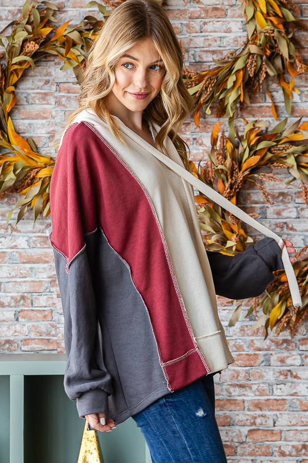 Color Block V Neck Hoodie