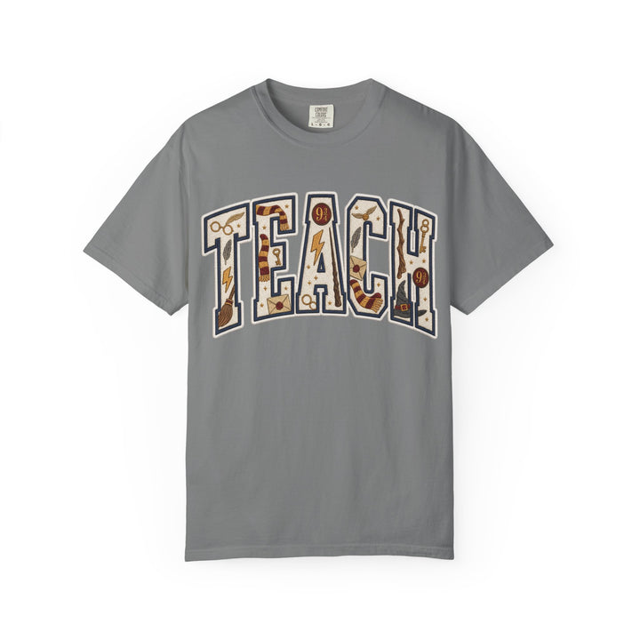 Teach Graphic T-Shirt — School-Themed Teacher Tee with Chalkboard Doodle Letters