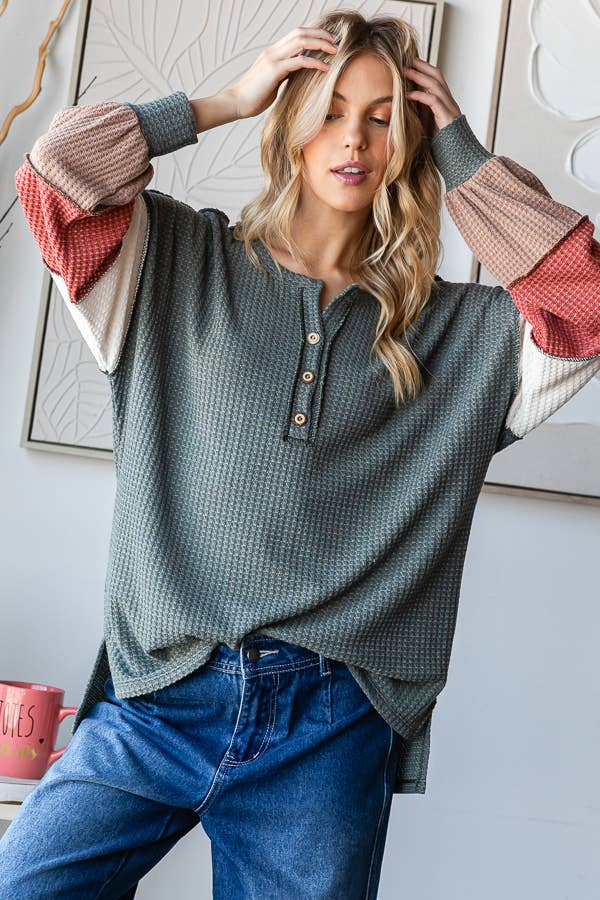 Waffle Knit Button Front Top