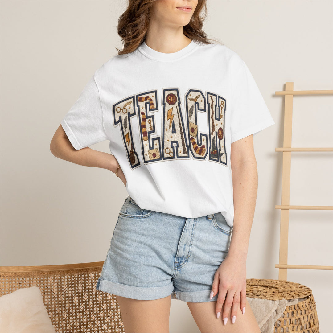 Teach Graphic T-Shirt — School-Themed Teacher Tee with Chalkboard Doodle Letters