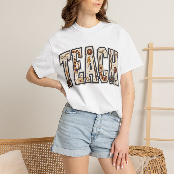 Teach Graphic T-Shirt — School-Themed Teacher Tee with Chalkboard Doodle Letters