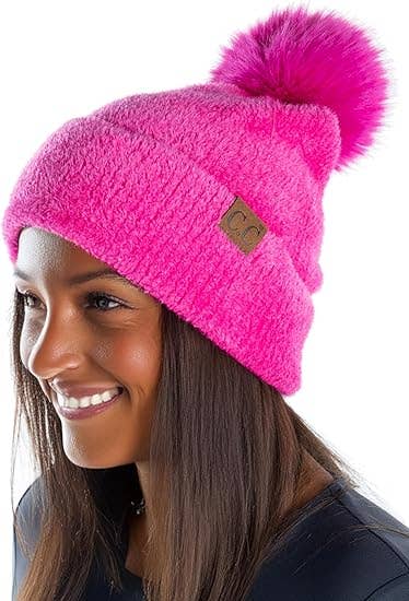 Chenille Pom Beanie Hot Pink