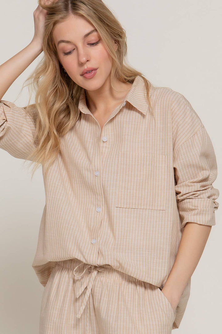 Long Sleeve Button Down Y/D Stripe Gauze Shirt