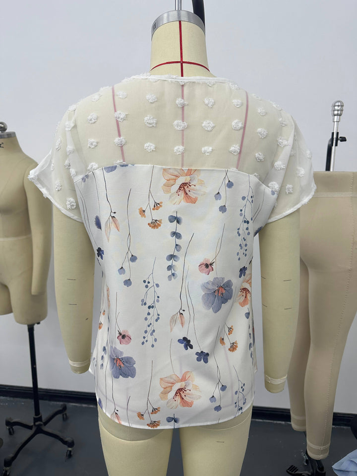 V-NECK PRINTED LACE PATCHWORK TOP